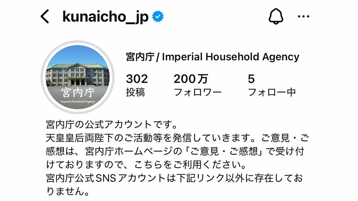 宮内庁公式Instagram　フォロワー数200万人達成　2024年4月にアカウント開設