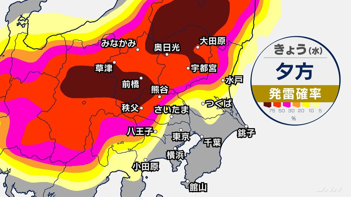 【東京など関東地方】全域に雷注意報で天気の急変に注意!週末は天気不安定 猛烈な暑さも収まるか【今後の発雷確率シミュレーション】東京・神奈川・埼玉・千葉・群馬・栃木・茨城の天気
