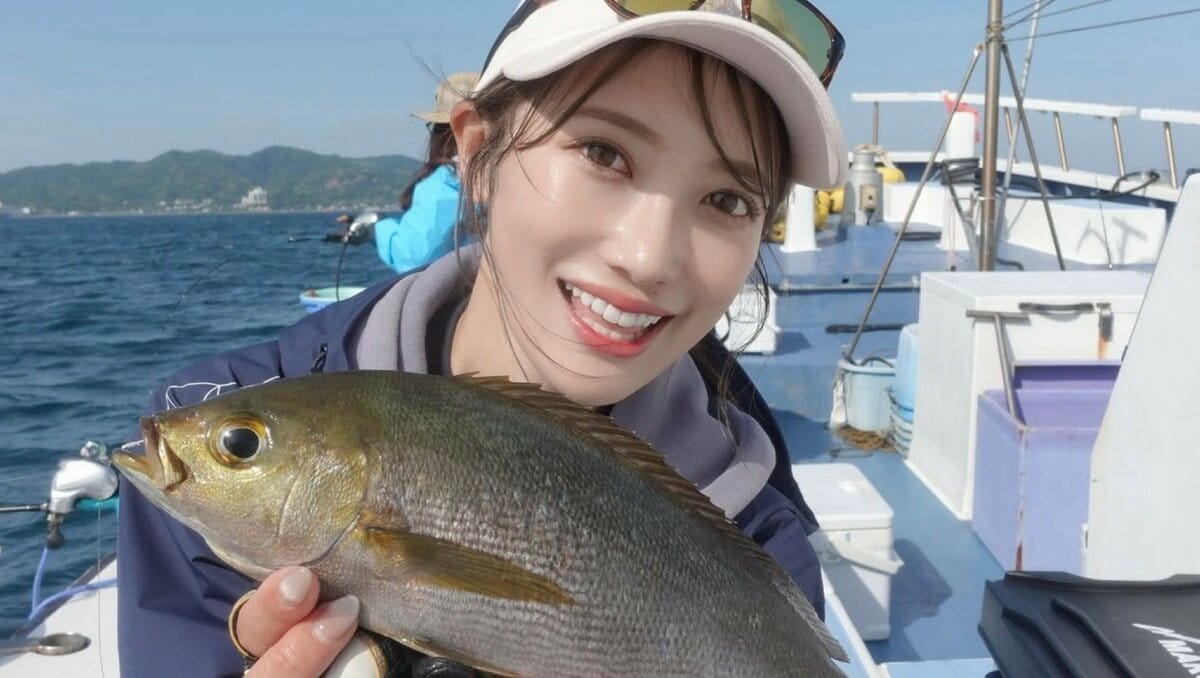 【 片原恵麻 】　「イサキ、美味しいよね」　関東の海でイサキ釣りを満喫　肩幅超えのサイズに満面の笑み　先日は「３００キロ超」の巨大クロマグロを釣り上げ、話題に