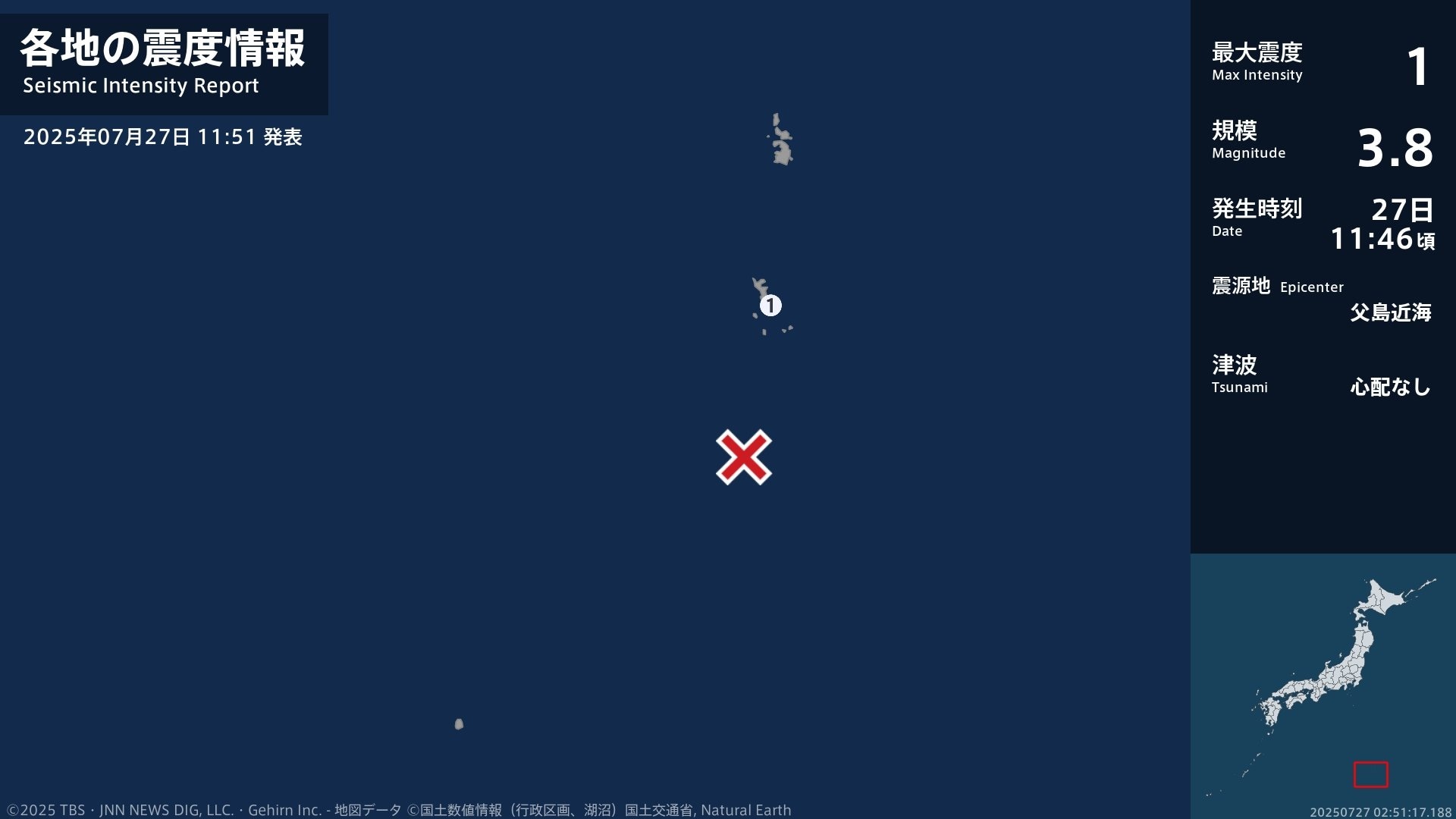 東京都で最大震度1の地震 東京都・小笠原村