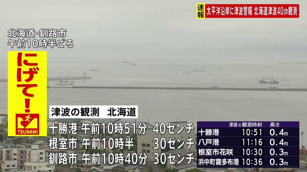 太平洋沿岸の広い地域に津波警報 十勝港40センチ、根室・釧路で30センチの津波観測 カムチャツカ半島付近を震源とする巨大地震 M8.8