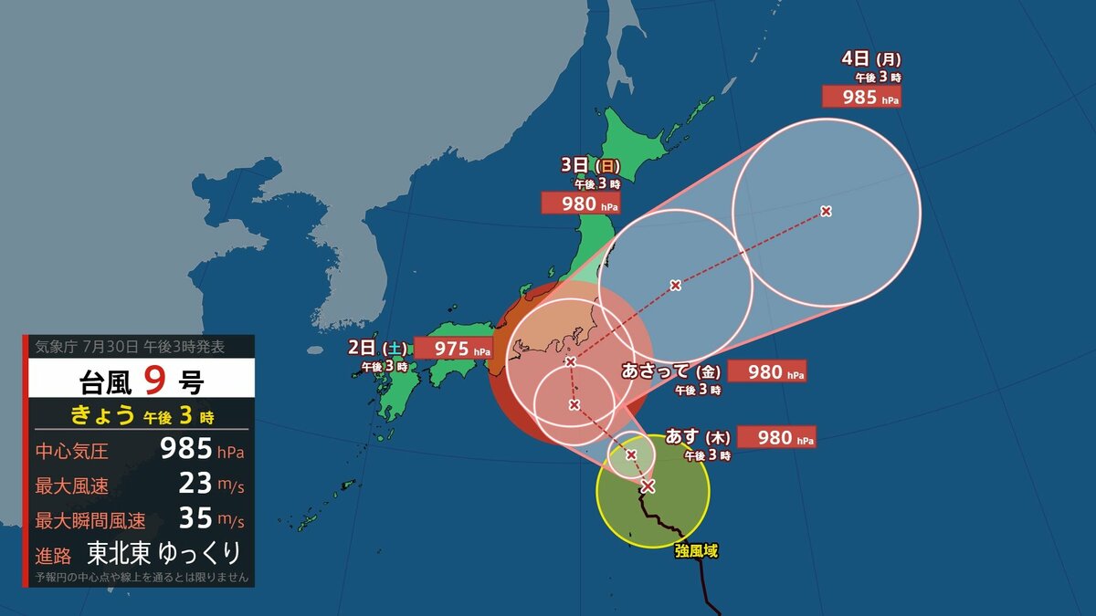 【台風情報】ゆっくりと東北東へ進む　中心付近の最大瞬間風速は35メートルの予想【雨と風の予想シミュレーション】気象庁　台風第9号に関する情報