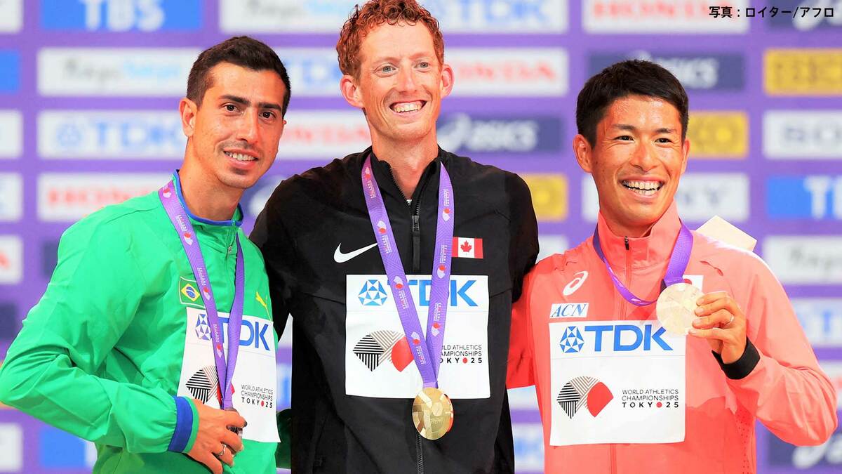 男子35km競歩で日本勢メダル第1号の勝木隼人　晴れやかな表情でメダルセレモニーへ【東京世界陸上】