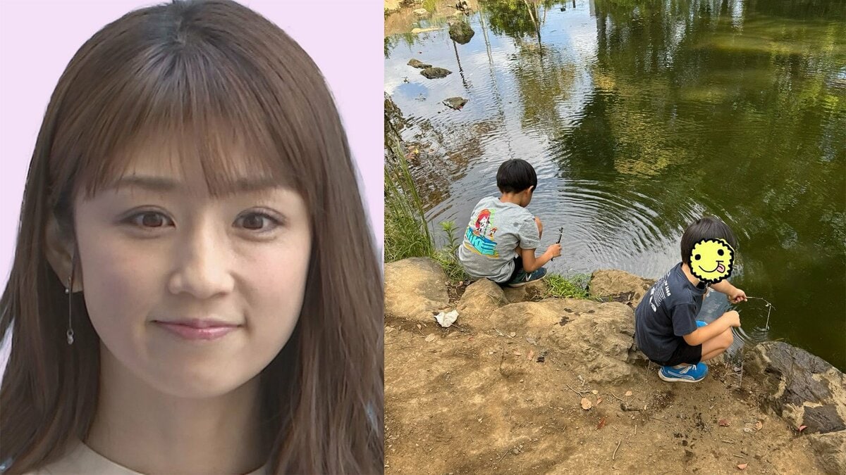 【 小倉優子 】 「秋の自然遊びが大好き」　子どもとザリガニ釣りを満喫　コンビニのスルメと100円ショップのタコ糸を利用