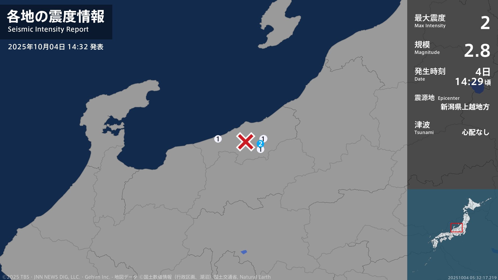 新潟県で最大震度2の地震 新潟県・上越市