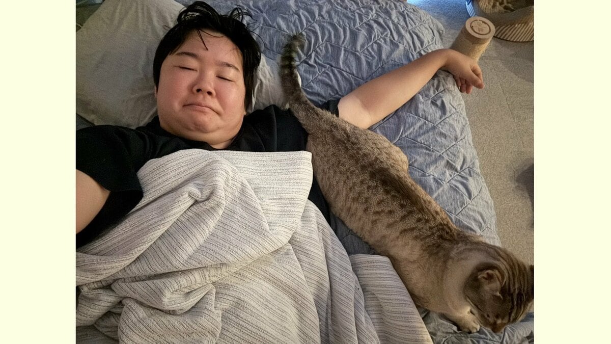 【 ねこ 】やす子さん 愛猫アビシと「#猫のいる生活」 フォロワー共感「お尻を向けられるのは信頼の証」