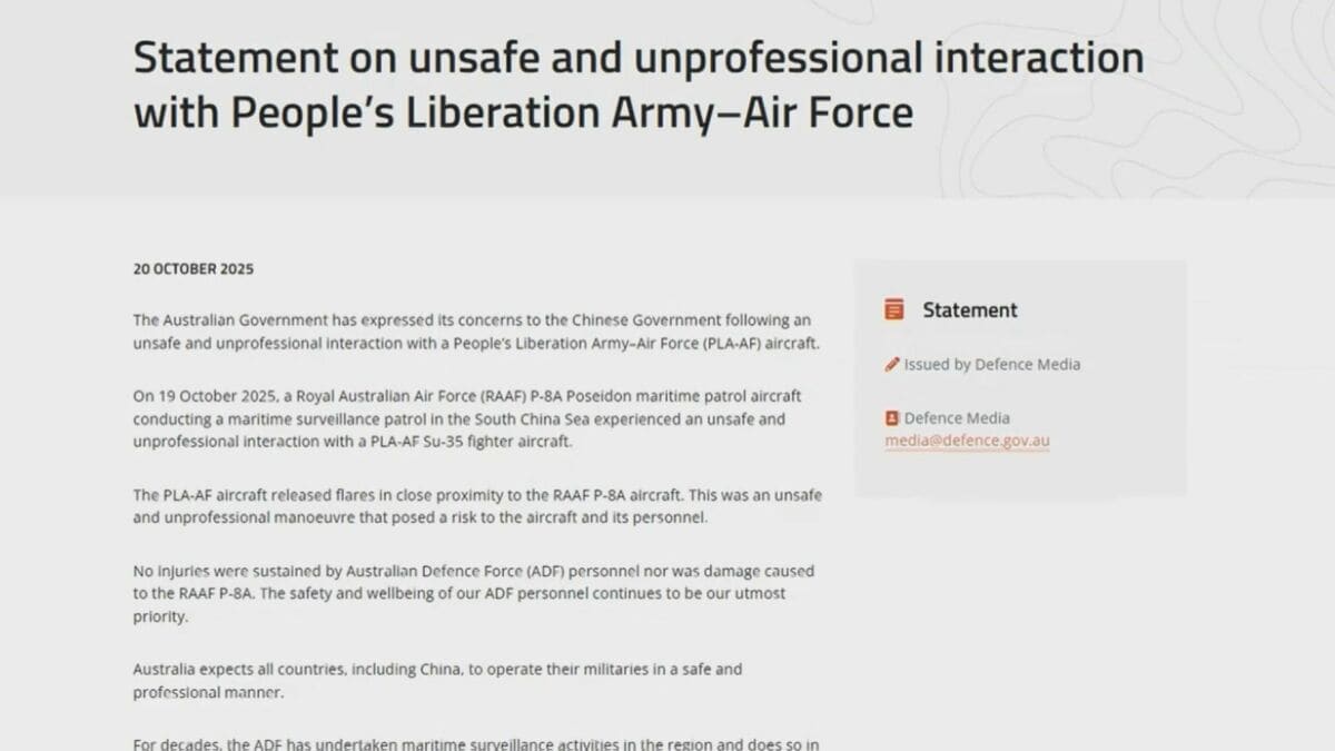 南シナ海上でオーストラリア空軍の哨戒機に中国軍の戦闘機がフレア発射　今年2度目　中国側に抗議