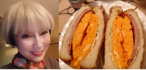 【 秋野暢子 】 「今朝は卵３個の分厚いサンドです」　朝食の自家製サンドイッチを披露