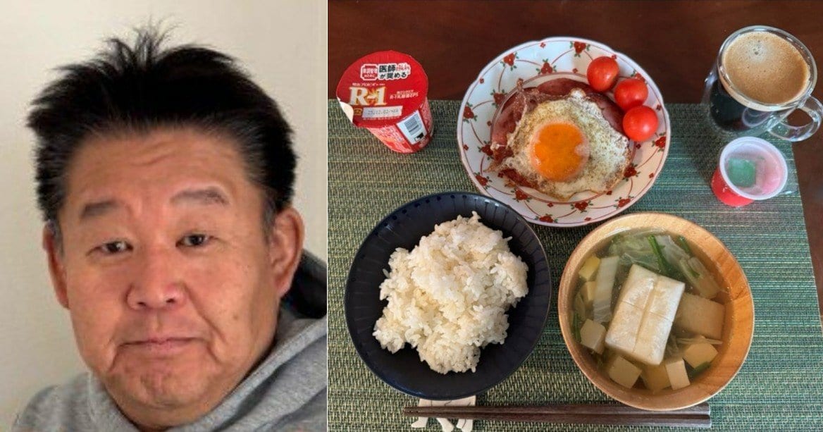 【 花田虎上 】　朝食は「ソーセージ、目玉焼き、納豆、ホットコーヒー、ヨーグルト、白米 お吸い物に餅が入っていました」「日本の餅はまた格別に美味い」　朝ごはんを堪能