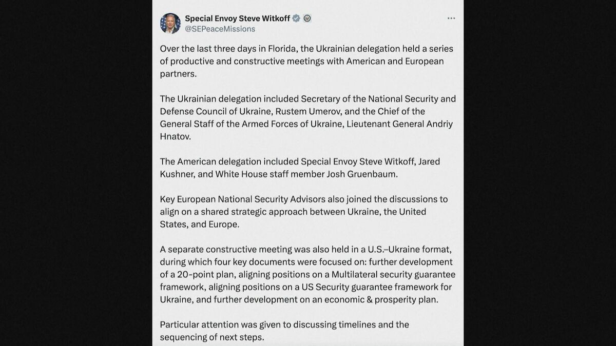 米ウクライナ　フロリダでの高官協議終了　和平計画や各国による安全の保証を協議と米特使