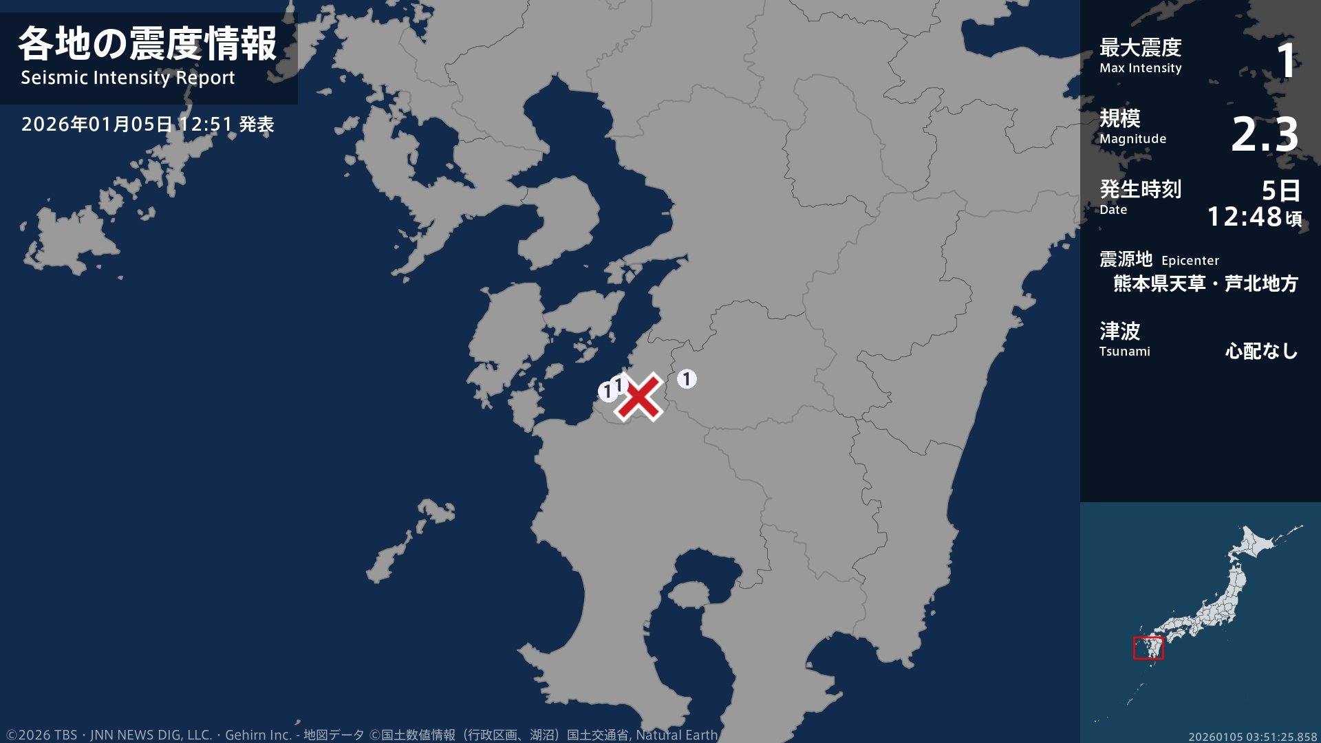 熊本県で最大震度1の地震　熊本県・球磨村、水俣市、津奈木町