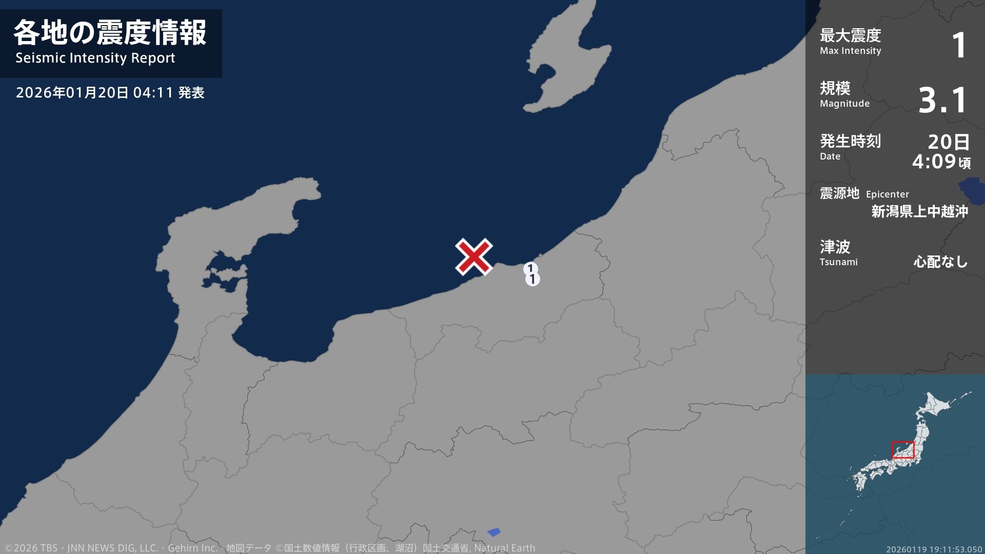 新潟県で最大震度1の地震　新潟県・上越市