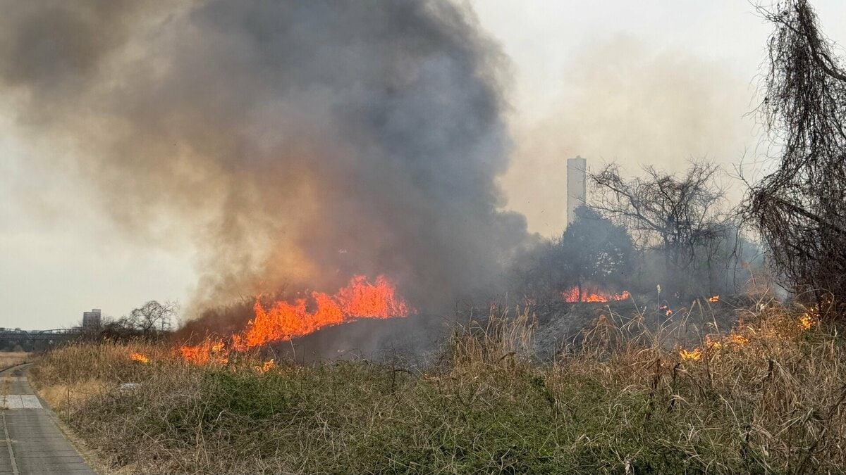 神奈川・厚木市 相模川の河川敷2か所で枯草火災 現在も延焼中