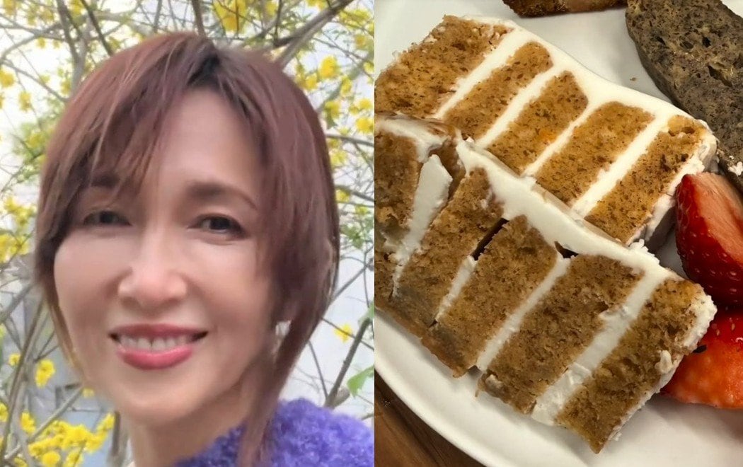 【 工藤静香 】 「タンパク質ケーキ！笑」　手作りスイーツを紹介　「ヨーグルトでサンド、マスキング。はちみつをかけて食べてもGood 」