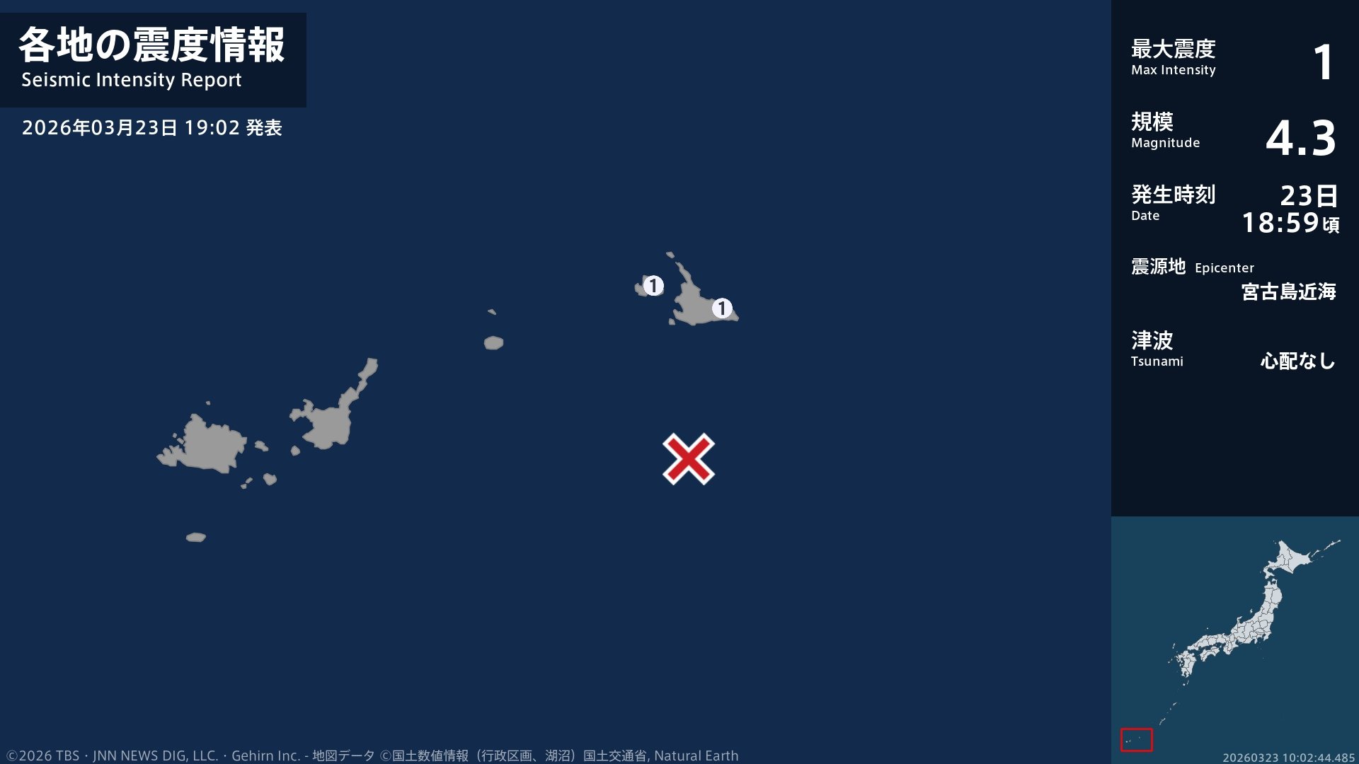 沖縄県で最大震度1の地震　沖縄県・宮古島市