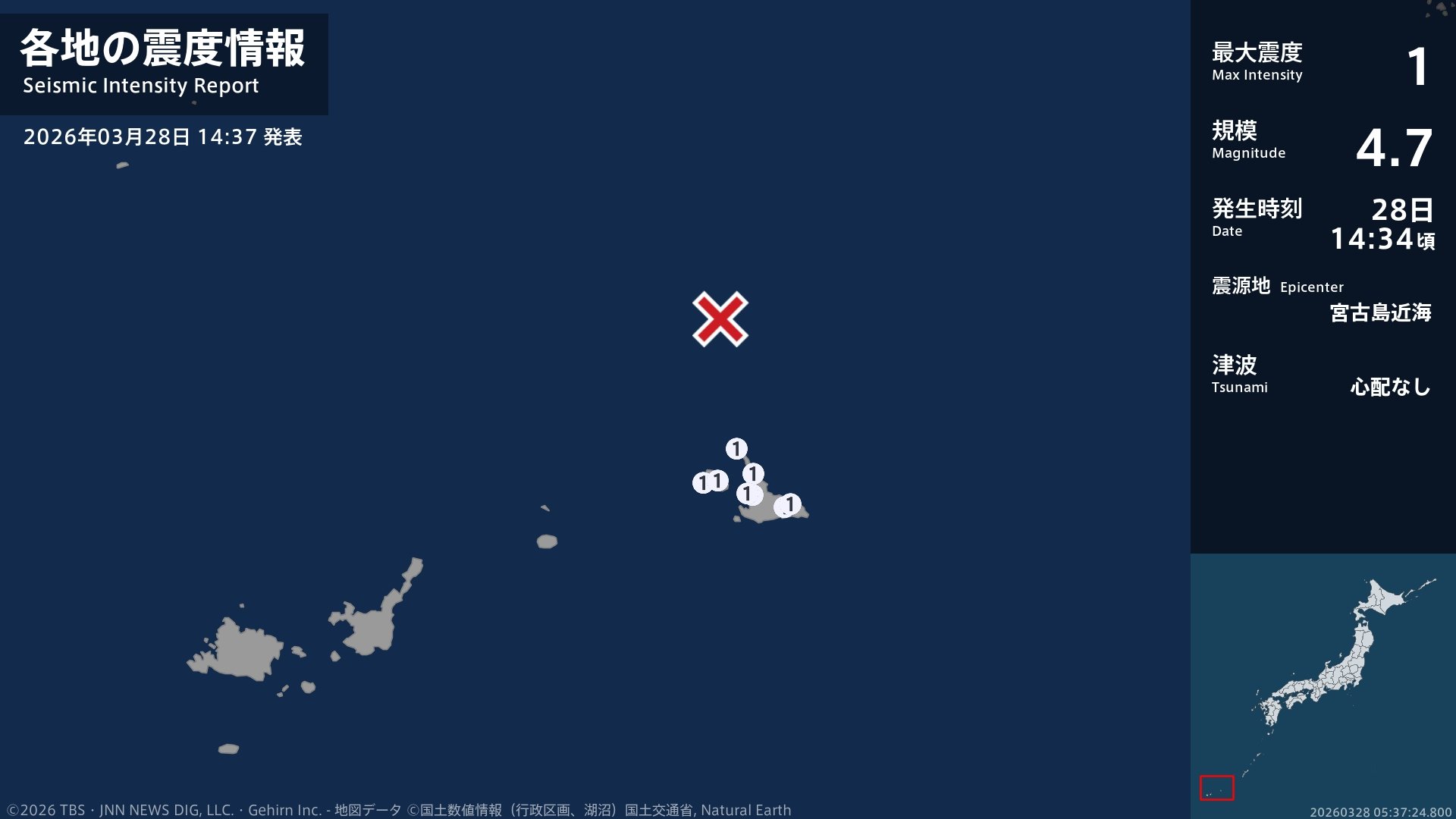 沖縄県で最大震度1の地震 沖縄県・宮古島市