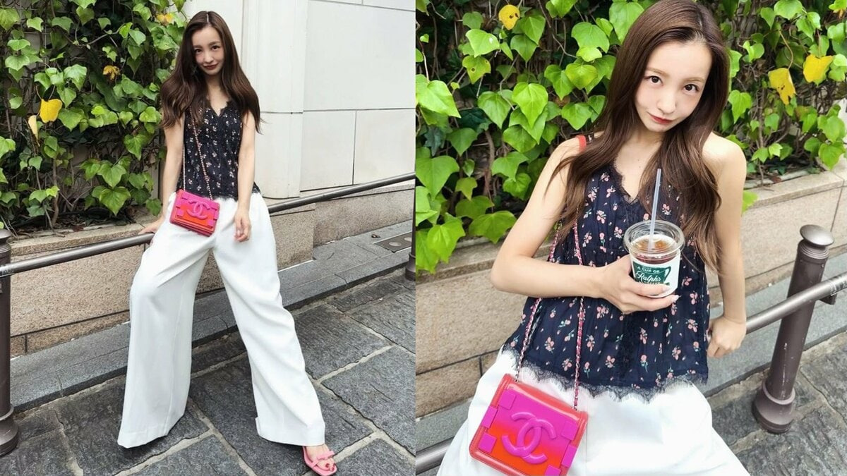 【 板野友美 】　「甘めのレースキャミにマスキュリンなスラックス合わせすき」　夏コーデ披露に　ファン反響