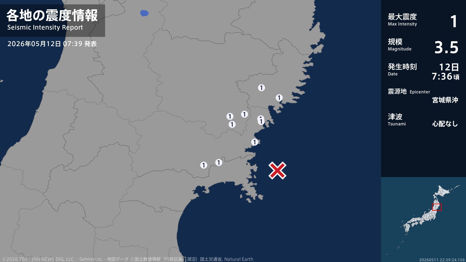 岩手県、宮城県で最大震度1の地震 岩手県・大船渡市、住田町、一関市、宮城県・気仙沼市、涌谷町、南三陸町
