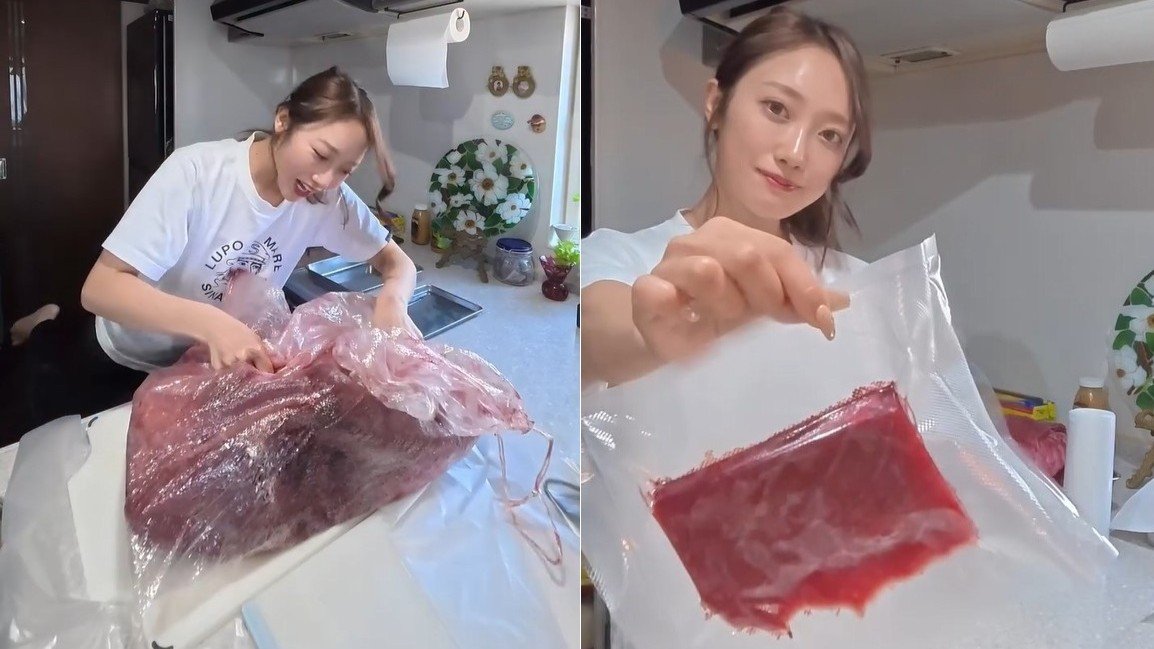 【 片原恵麻 】巨大なクロマグロ〝おすそ分けを柵に〟 見事な捌きにフォロワー〝躊躇ない包丁かっこいい〟〝どんな徳を積んだらこんな量のマグロを〟