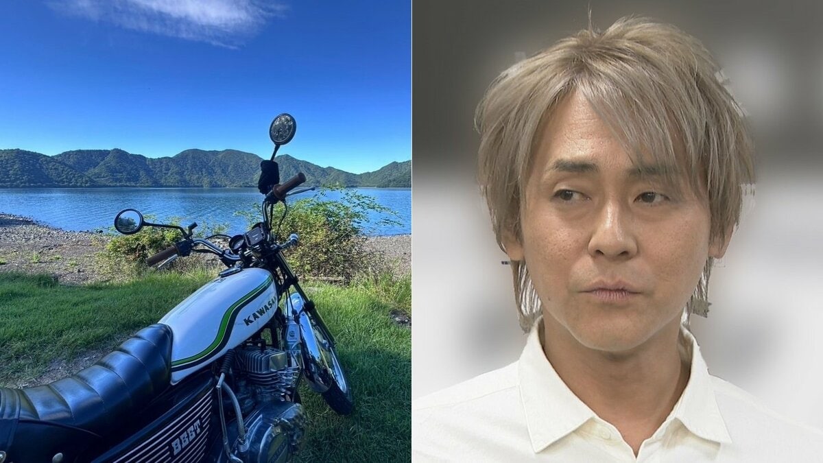 【 ヒロシ 】愛車バイク「KH250」で湖畔へツーリング　バックミラー？にトンボが歓迎　フォロワー感嘆「綺麗な景色とイケメン3人」