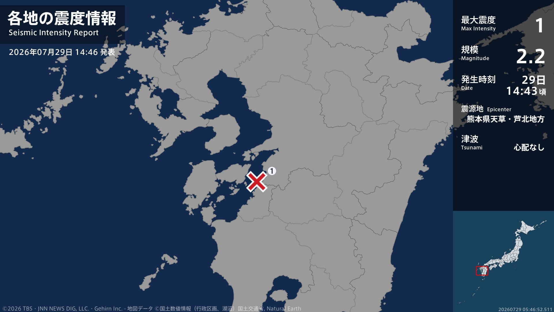 熊本県で最大震度1の地震 熊本県・八代市