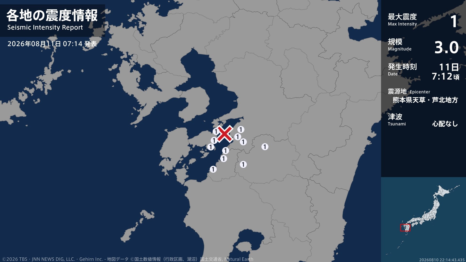 熊本県で最大震度1の地震 熊本県・八代市、五木村、球磨村、水俣市、上天草市、芦北町