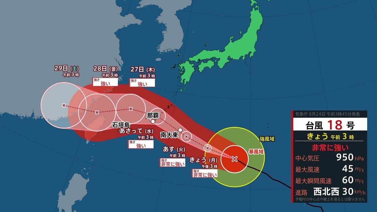 関東から西で猛暑日続出 日田は39℃予想　北日本は日本海側から雨雲のエリア広がる　台風の影響で大東島地方は夜から暴風のおそれ