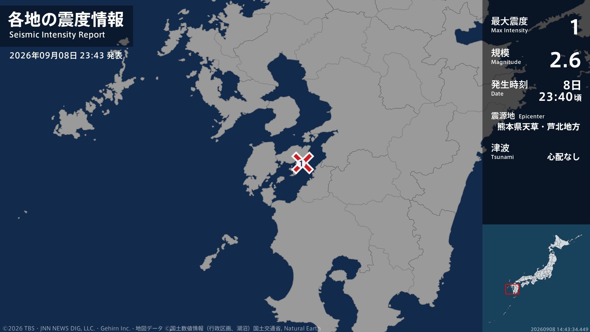 熊本県で最大震度1の地震 熊本県・上天草市