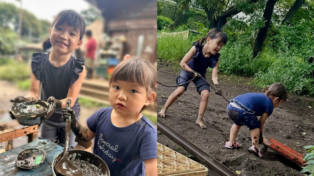 【 ののちゃん 】 妹・ひーちゃんと雨上がりの泥遊びを満喫 手作り“泥のごちそう”に「可愛いすぎる仲良し姉妹」の声
