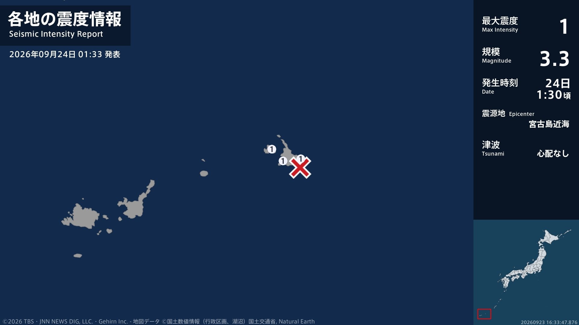 沖縄県で最大震度1の地震 沖縄県・宮古島市