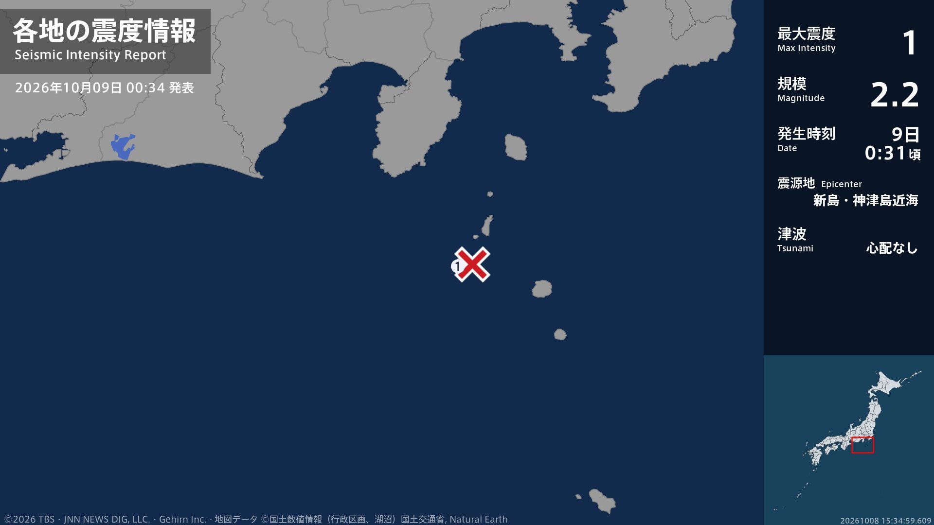 東京都で最大震度1の地震 東京都・神津島村