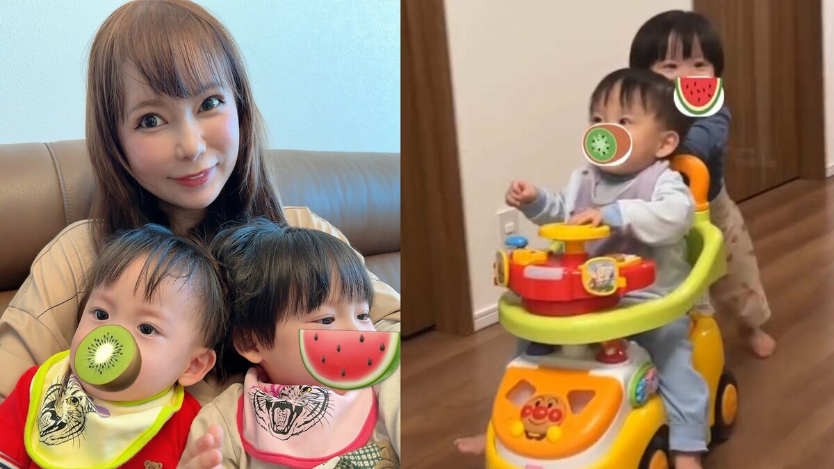 「お互いを乗せてニコニコ」【 中川翔子 】 車のおもちゃ押して遊ぶ双子の愛らしい姿を公開 離乳食の悩みに「これなら食べる!を教えて」とSOSも