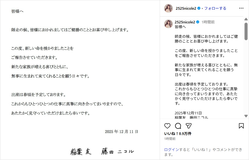 藤田ニコル、第1子妊娠を報告!「無事に生まれて来てくれることを願う日々」