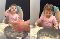 今日は父娘でピザ作り！幼い女の子は頭や顔に生地を付けながらも、パパの真似っこをして頑張っています！！【海外・動画】