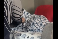 赤ちゃんにおくるみを着せていると思ったら・・、ソファで寝ようとする愛犬にブランケットをかけてあげるところでした！！