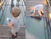 「よし！今日はこのくらいで勘弁してやろう」ガラス張りのつり橋を渡ろうとした男の子の行動が超かわいい！