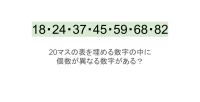 【脳トレ】5×4の表に書かれた7種の数字「18・24・37・45・59・68・82」。他の数字は3つずつ表を埋めているのに・・1種だけ2つしかない！？その数字はどれだ？？