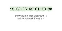 【脳トレ】5×4の表に書かれた7種の数字「15・28・36・49・61・73・88」。他の数字は3つずつ表を埋めているのに・・1種だけ2つしかない！？その数字はどれだ？？