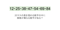 【脳トレ】5×4の表に書かれた7種の数字「12・25・38・47・54・69・84」。他の数字は3つずつ表を埋めているのに・・1種だけ2つしかない！？その数字はどれだ？？