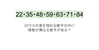 【脳トレ】5×4の表に書かれた7種の数字「22・35・48・59・63・71・84」。他の数字は3つずつ表を埋めているのに・・1種だけ2つしかない！？その数字はどれだ？？