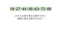 【脳トレ】5×4の表に書かれた7種の数字「18・27・44・56・63・72・89」。他の数字は3つずつ表を埋めているのに・・1種だけ2つしかない！？その数字はどれだ？？