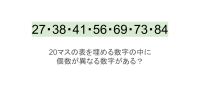 【脳トレ】5×4の表に書かれた7種の数字「27・38・41・56・69・73・84」。他の数字は3つずつ表を埋めているのに・・1種だけ2つしかない！？その数字はどれだ？？