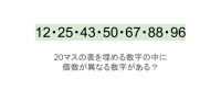 【脳トレ】5×4の表に書かれた7種の数字「12・25・43・50・67・88・96」。他の数字は3つずつ表を埋めているのに・・1種だけ2つしかない！？その数字はどれだ？？