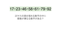 【脳トレ】5×4の表に書かれた7種の数字「17・23・46・58・61・79・92」。他の数字は3つずつ表を埋めているのに・・1種だけ2つしかない！？その数字はどれだ？？