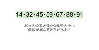 【脳トレ】5×4の表に書かれた7種の数字「14・32・45・59・67・88・91」。他の数字は3つずつ表を埋めているのに・・1種だけ2つしかない！？その数字はどれだ？？