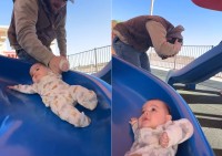赤ちゃんにしっかり注意を向けていたのに・・！赤ちゃんをすべり台で遊ばせていた男性にハプニング！！【アメリカ・動画】