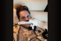 逆腕枕！？ネコのおててが飼い主さんの口元を塞いじゃって・・眠れない！？【アメリカ・動画】