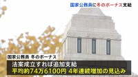 国家公務員に冬のボーナス支給　一般職の平均“引き上げ法案”成立なら追加支給で約74万6100円に4年連続増加　高市総理「期末手当」含め約341万円