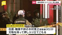 歯科医院の治療室に男（45）が刃物持って立てこもり　院長の妻は油のようなものかけられ目を負傷　2時間半後に警察突入　建造物侵入の疑いで現行犯逮捕　大阪・東大阪市