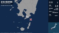 鹿児島県で最大震度1の地震　鹿児島県・錦江町